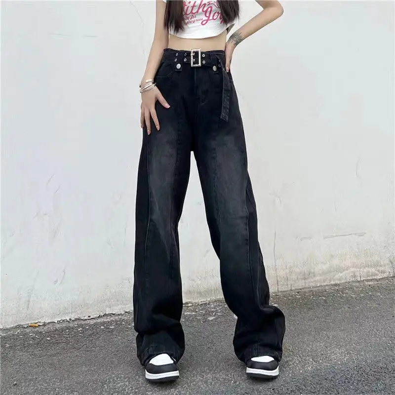 2022 Coreano Moda Outono Mulheres Jeans Reta Jeans De Lavagem De Gradiente De Cintura Alta Calças Folgadas Calças Compridas Streetwear Básica L273