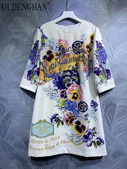 DLDENGHAN Primavera Verão as Mulheres Solta de Vestido de O-Pescoço Curto Mangas de Cristal de Paetês com estampa floral Vintage Mini Vestidos  3