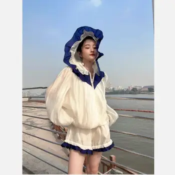 Patchwork De Rendas Mulheres Se Ajustar Coreano Verão Doce Misturado Completo Com Capuz Elástico Shorts De Cintura De Calças De 2 Peças De Conjunto Protetor Solar Roupas  5