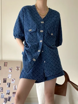 Mulher de Jeans, camisa de Manga Curta e Shorts de Duas peças de Terno francesa de Moda Primavera Verão Cowgirl Superior Streetwear coreano de Lazer Novo  5