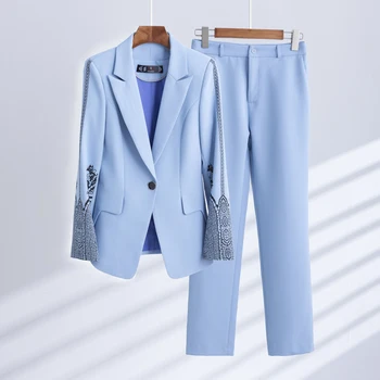 2022Autumn coreano Formal Senhoras Blazer Azul Mulheres Ternos de Negócio com Conjuntos de roupas de Trabalho do Office Grande Uniforme de Tamanho de Calças Casaco Conjunto  5