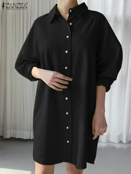 ZANZEA Mulheres Mini Vestido Moda de Férias Lapela Colar de Vestidos Vintage Único de Mama Curto Manto Solto e Casual Sólido Camisa Vestidos  5