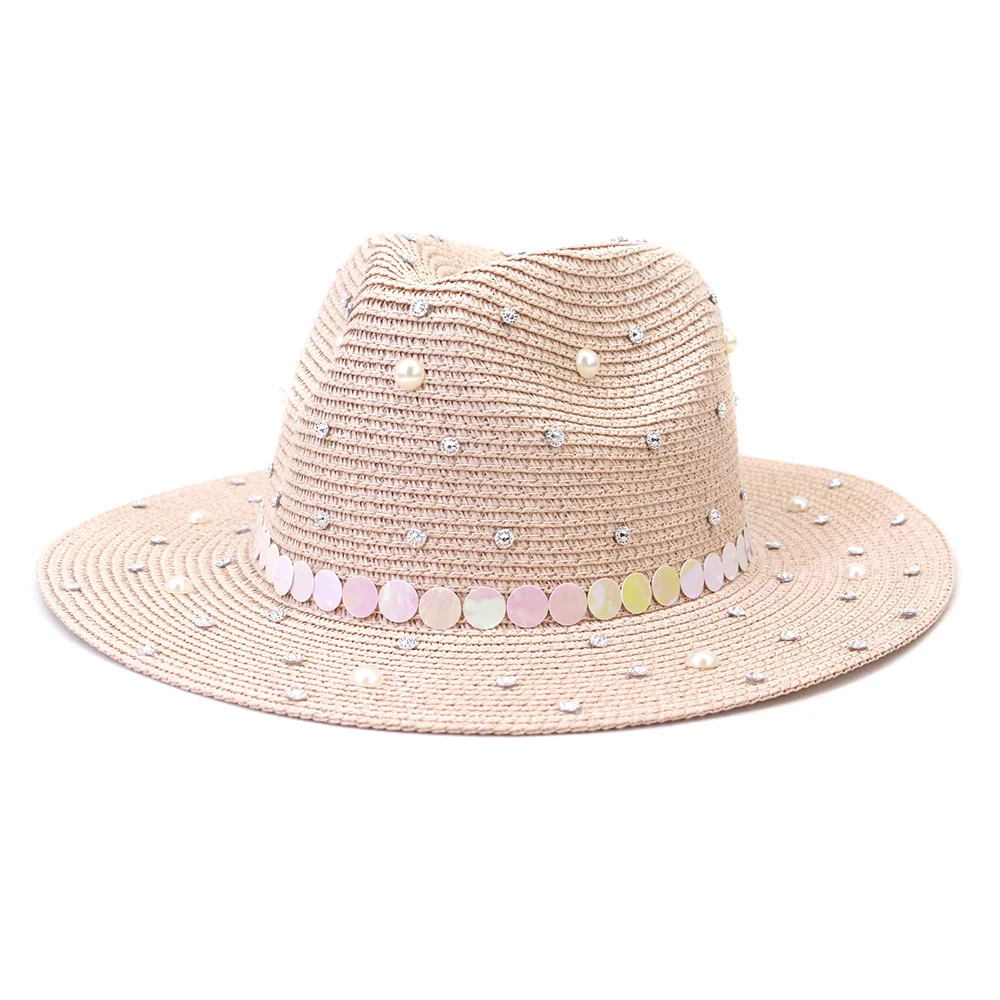 Mulheres de Verão Lantejoulas chapéu de palha de cobertura plana flat brim, chapéu alto e de lazer ao ar livre chapéu de sol à beira-mar guarda-sol de praia hat