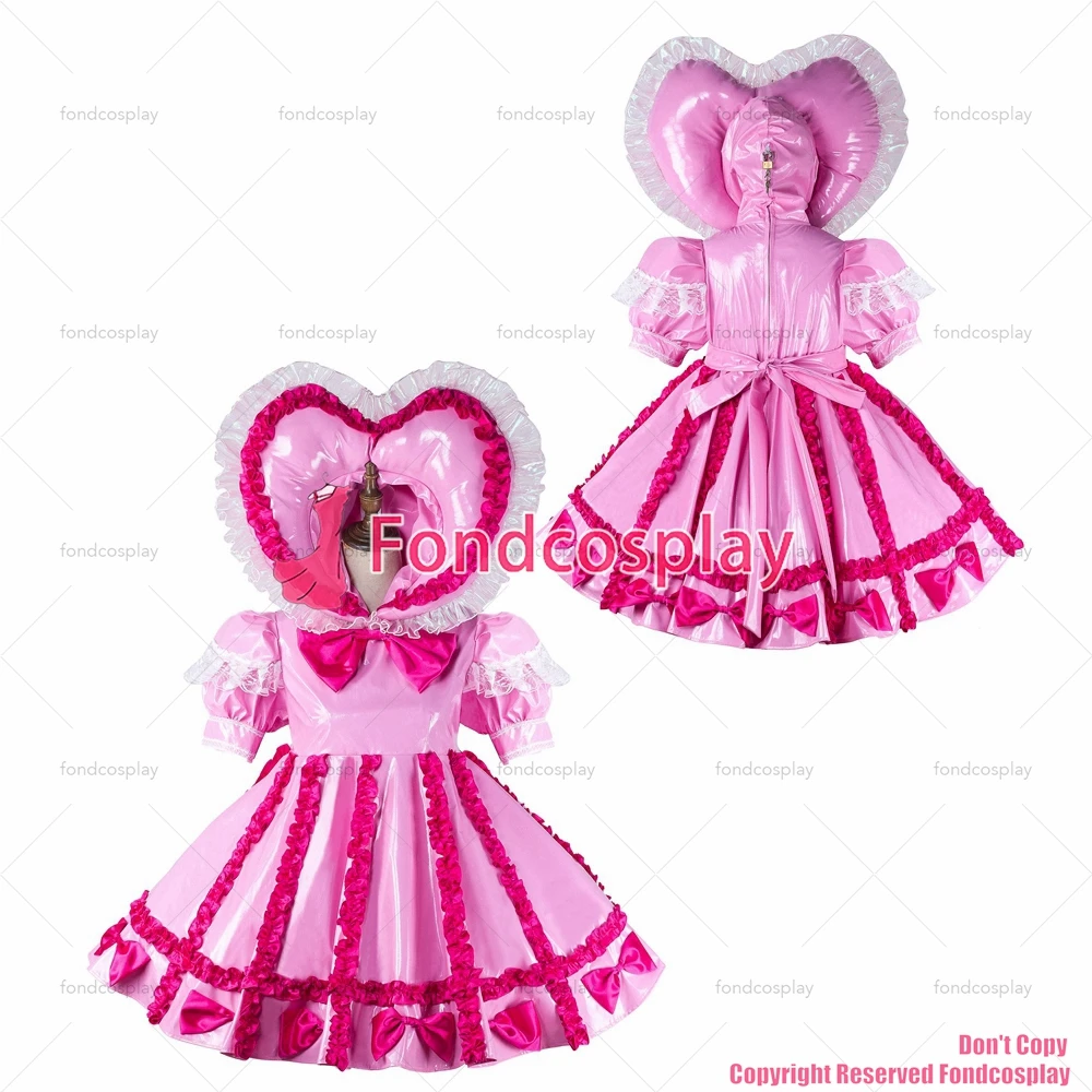 fondcosplay adulto sexy cruz de vestir sissy empregada curto rosa de bebê fino de pvc vestido com fechadura Uniforme Coração, capa de CD/TV[G2161]