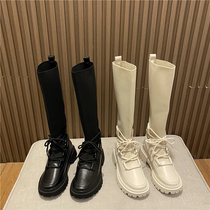 Outono Inverno Preto Curto Botas Novos Sapatos femininos 2021 INS Botas de Plataforma para as Mulheres Chunky Salto de Tecido Elástico Botas De Mulher