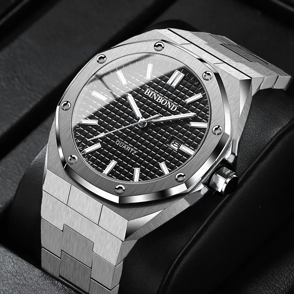 Popular negócio high-end relógio de quartzo multi-funcional, faixa de aço relógio masculino da liga correia octogonal com rosca anel decorativo