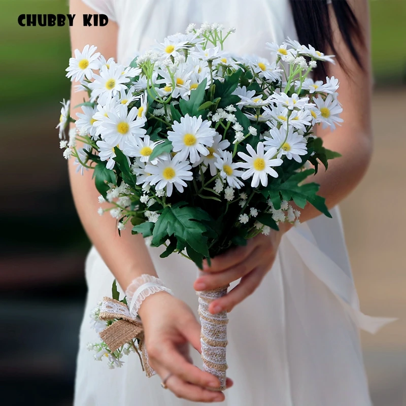 100% Hi-Q artificial pequena daisy flores, buquê de Noiva 28cm grande Dama de honra de Decoração de Casamento Branco Romântico buquê de Casamento