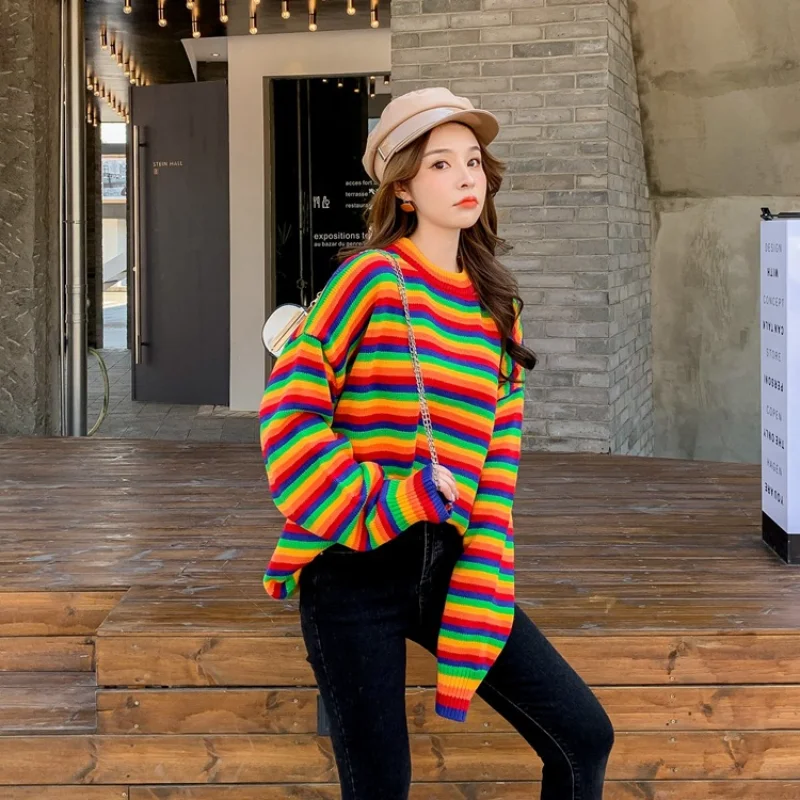 Preguiçoso vento arco-íris camisola mulheres moda solta horizontal pullover no outono e inverno, outono 2021 camisola