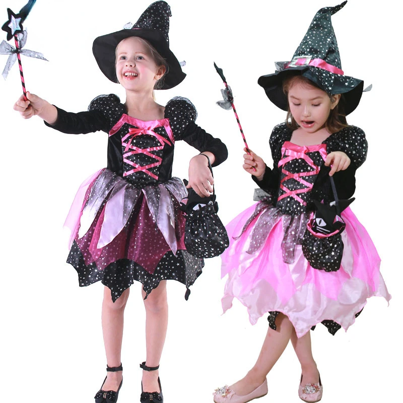 Fantasia de bruxa Luz a Meninas Conjunto de Halloween Chapéu Varinha Mágica Varas