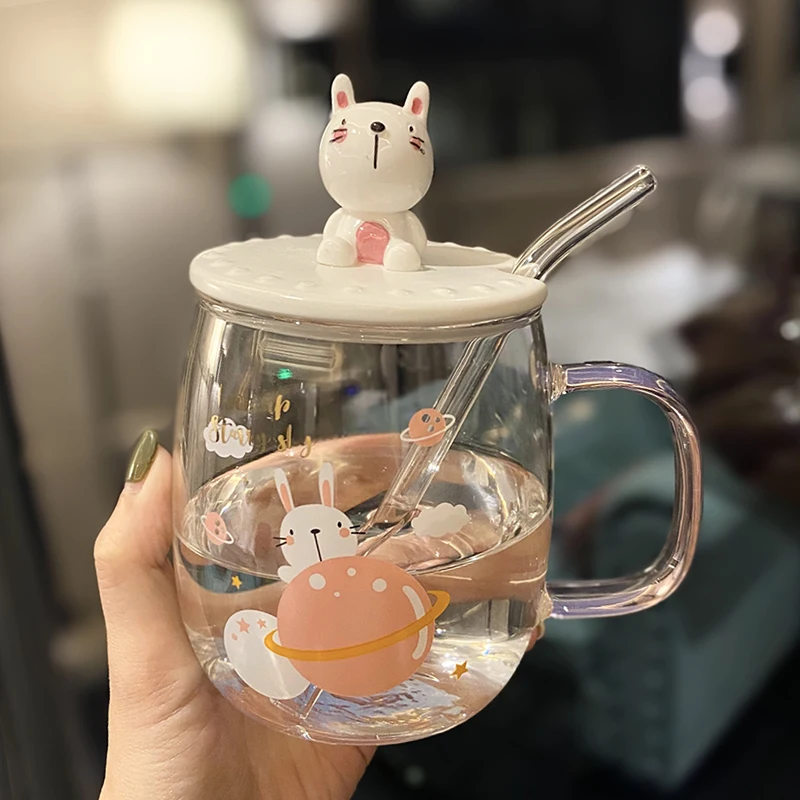 Coelho de Vidro Bonito dos desenhos animados de Animais coreano Garrafa de Água com Tampa Colher de Alta Temperatura Resistente Leve Transparente Xícara de Café