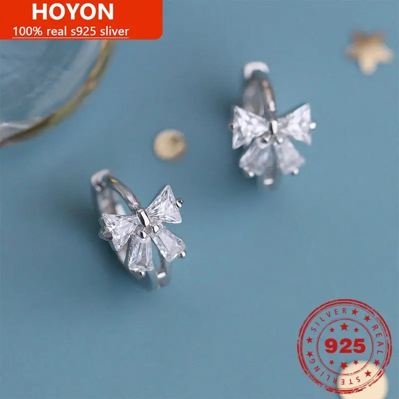 HOYON S925 de prata Pura e simples brincos femininos jóias doce zircão arco nó brincos de diamante brincos estilo para o aniversário da menina