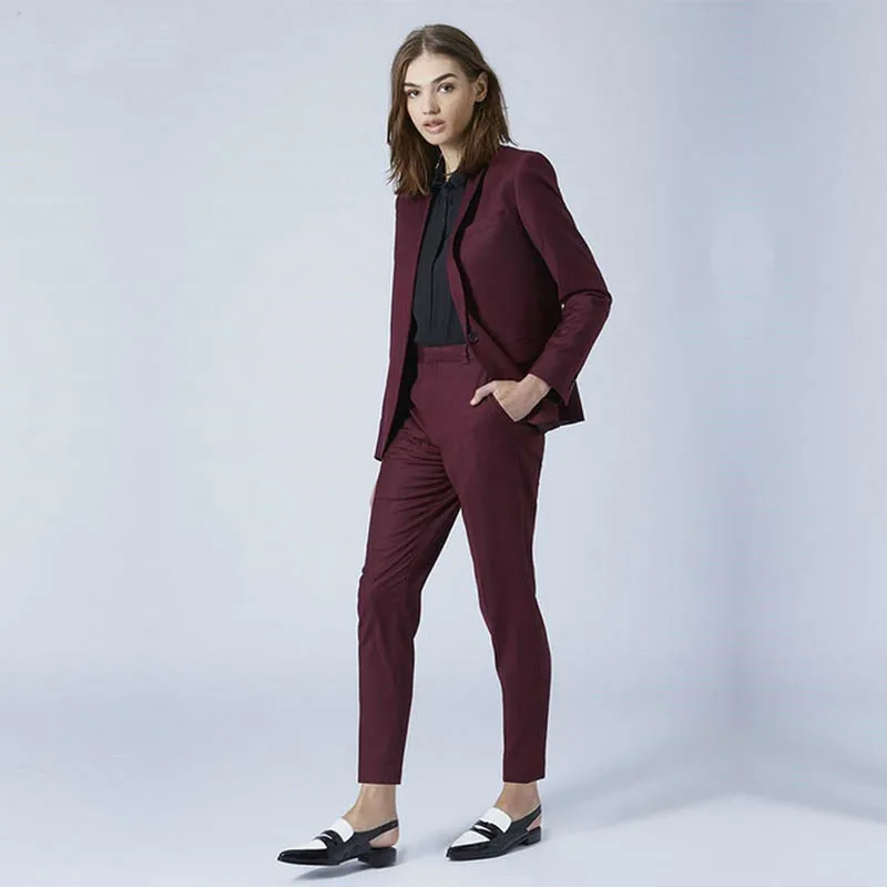 Borgonha Senhoras Cuecas Se Adapte Às Mulheres Ternos De Negócio Blazer Jaqueta+Calça Formal Office Estilo Uniforme Feminino Calças PantSuit