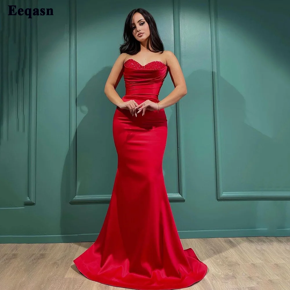Eeqasn Vermelho Sereia Árabe Formal Noite Vestidos Beading Querida Pregas Dubai Celebridade Vestidos De Mulheres Evento Baile Vestido De Festa