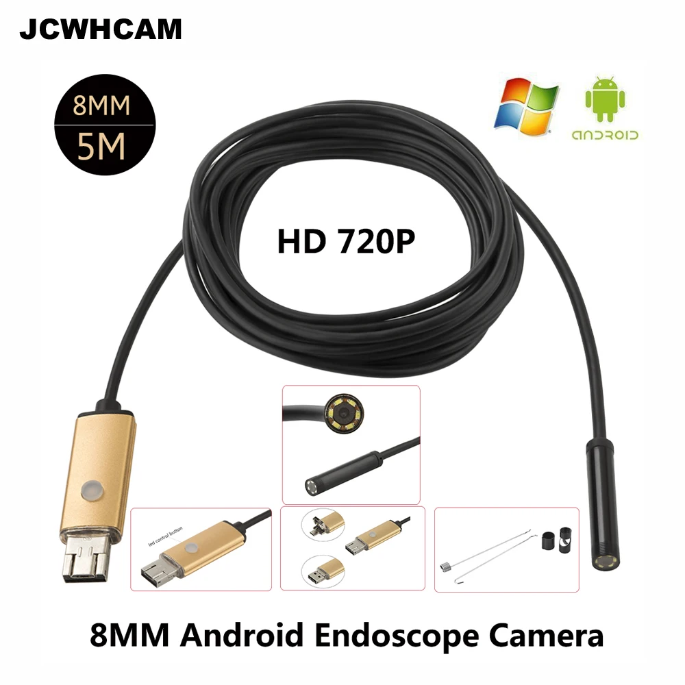 JCWHCAM 2MP 5M 1M Android USB Endoscópio Câmera 8mm Flexível USB Cobra Câmara IP68 HD 720P Android USB Boroscópio Câmara