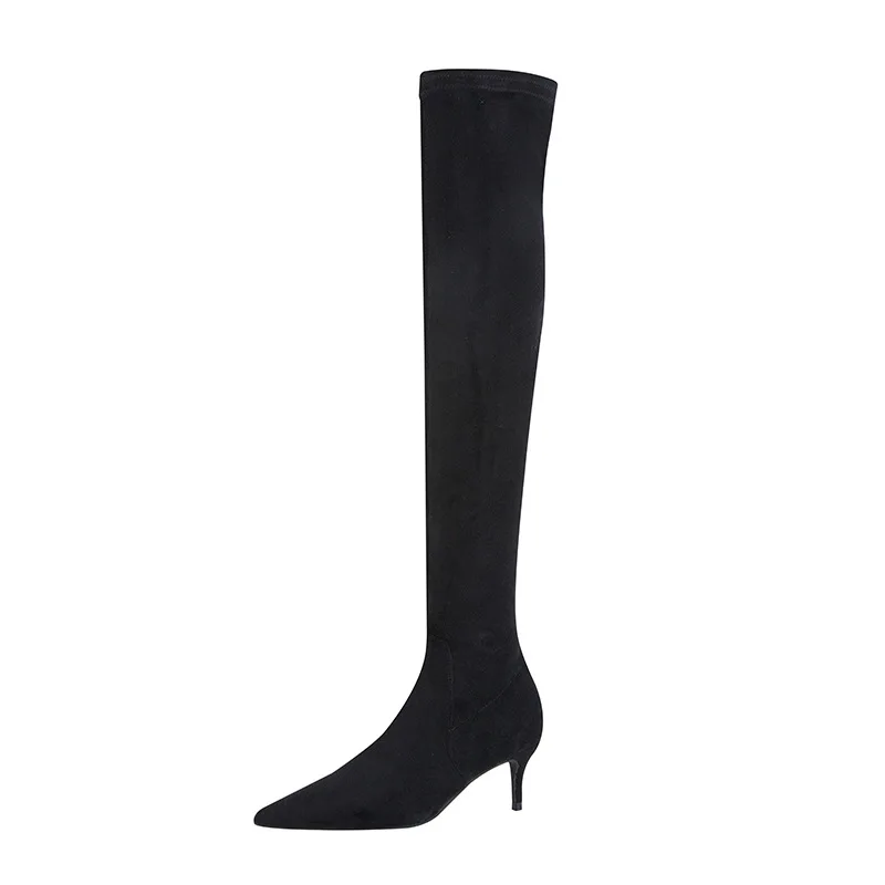 Sapatos Para 2021 Mulheres de Outono Inverno de Camurça Preto Elastic Sobre-joelho Botas de salto alto Super Saltos de sapatos de Senhora Tamanho Plus 41