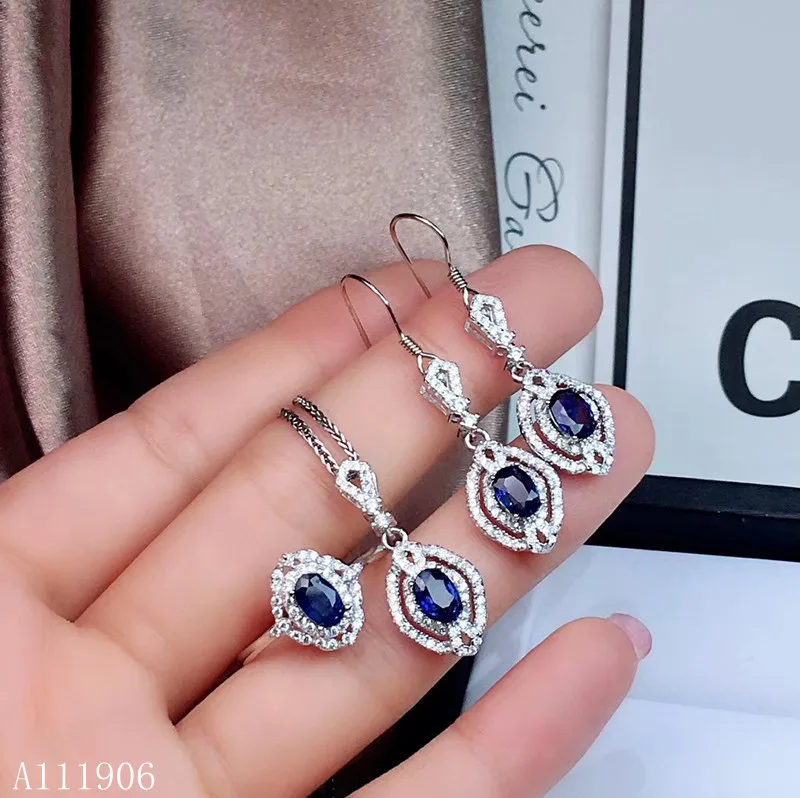 KJJEAXCMY boutique prata esterlina da jóia 925 embutidos natural de pedra preciosa safira feminino anel colar de pingente, brincos conjunto de suppor