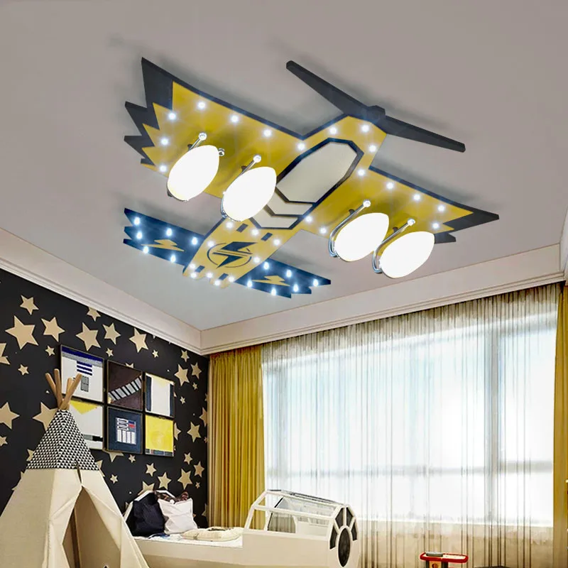 New American Criativo amarelo aeronave lâmpada do teto do menino quarto, sala para crianças dos desenhos animados encantadores lâmpada de teto led