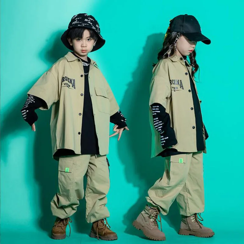 Crianças Teen Kpop Streetwear Hip Hop Roupas Cáqui Camisa Tops De Carga Jogger Calças Para Menina, Menino De Dança Jazz Traje Rave Roupas