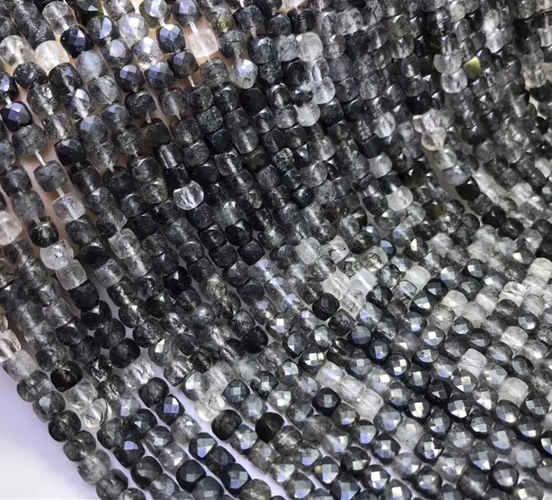 solta esferas preto Rutilated quartzo praça facetada 4-4.5 mm natureza para fazer jóias colar de 14 polegadas FPPJ atacado