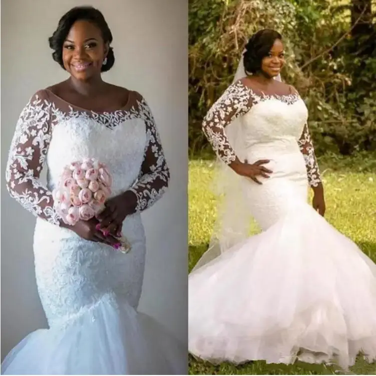 2021 Nova Africano Plus Size Sereia Vestidos De Casamento Do Laço Ilusão De Mangas Compridas, Vestidos De Noiva Vestidos De Casamento Vestido De Casamento