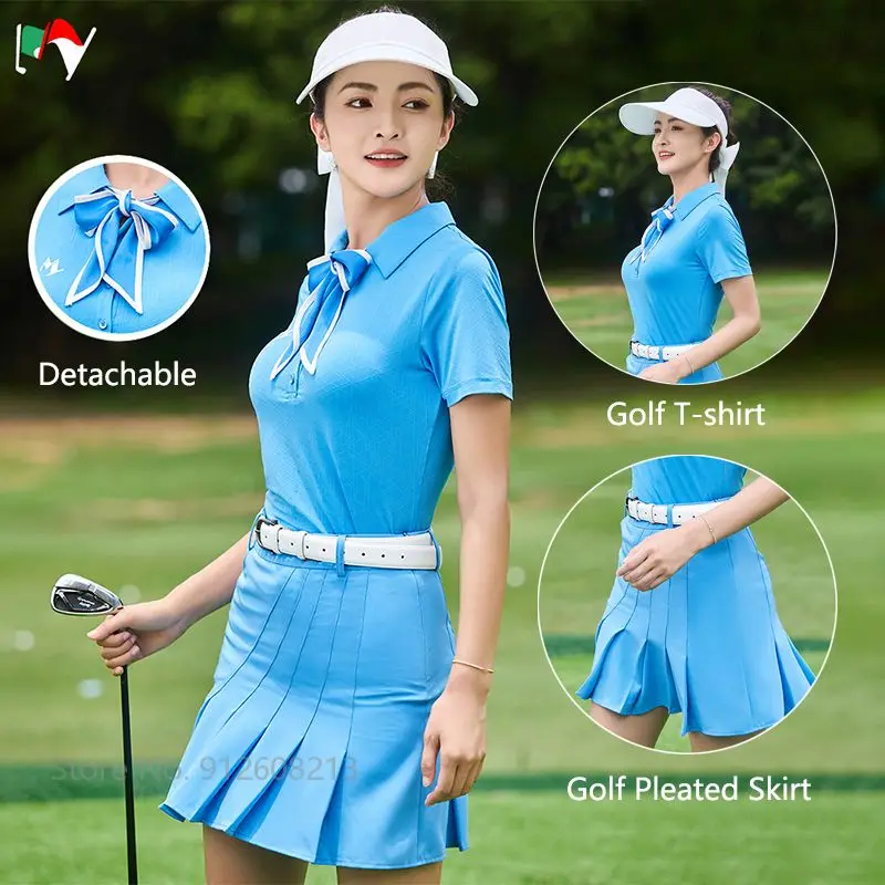 MINHA Senhora Azul Golfe Roupa Curta-sleeve T-shirt de Esportes Mulheres Tops com Lenço Anti-vazio de Golfe Saia Lápis Fino Plissado Skort Conjunto