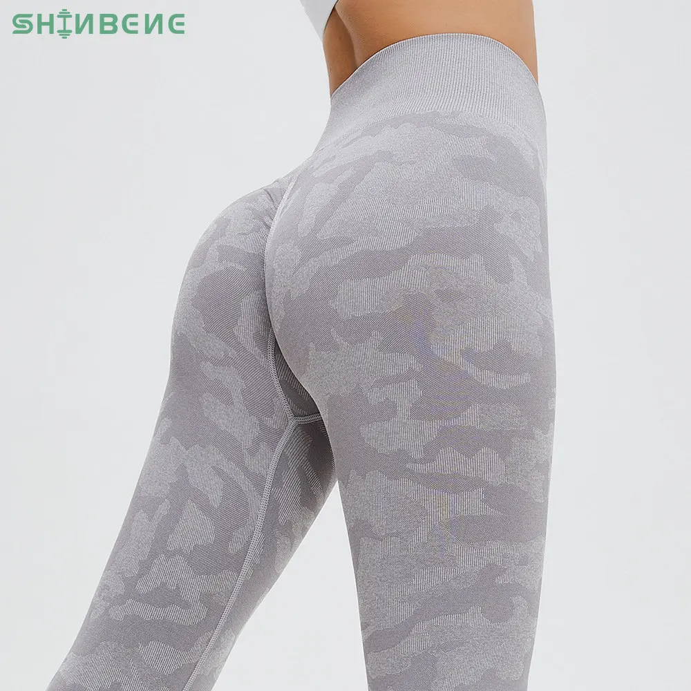 SHINBENE Cintura Alta Camo Perfeita Bunda Amassar Yoga Ginásio Leggings Mulheres Plus Size Hip Elevador Fitness Esportes Espólio Leggings S-XL