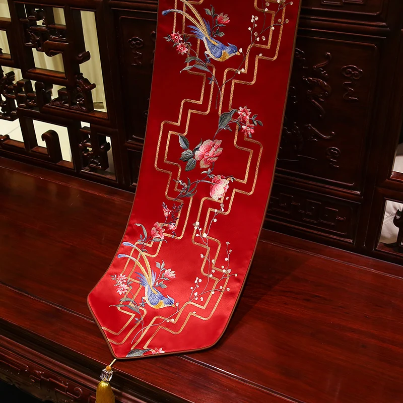 Aves Florais Bordados Corredores de Mesa Estilo Clássico Chinês de Alta qualidade de Ouro Azul Tabela de Cobre Casa de Jantar Mesa de Cobre