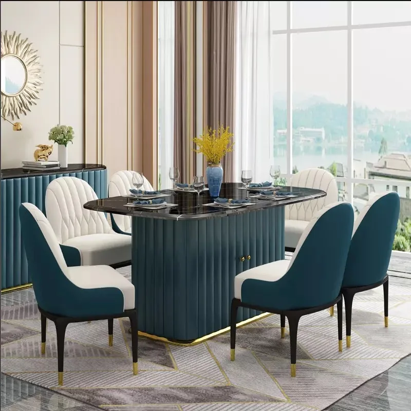 Escandinavos luz em mármore de luxo mesa de jantar e cadeiras combinação retangular casa sala de estar grande e pequeno
