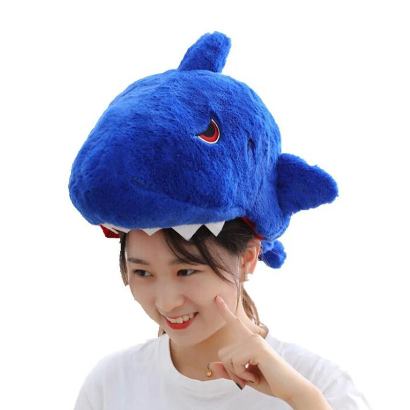 Azul cabeludo da cabeça do tubarão capa chapéu chapéu de pelúcia brinquedo aniversário recheado de pac dom de peixe tubarão
