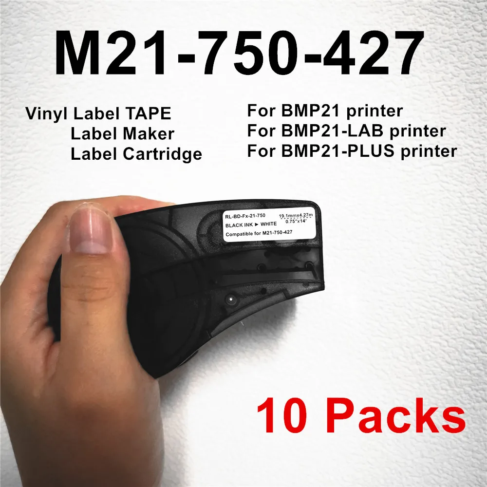 5~10 EMB Compatível M21 750 427 Vinil Rotulagem Fita CartridgeTranslucent de Fita Portátil Impressora de Etiqueta,Preto no Branco 19,1 mm*4.27 m