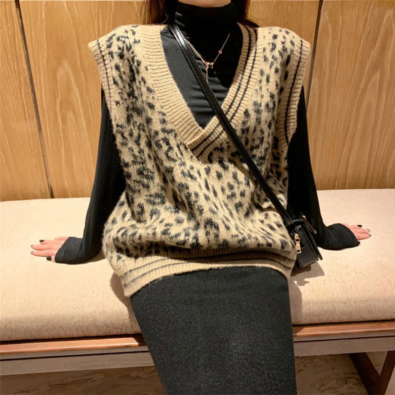 Mulheres Veste Camisola Leopard Malha Colete 2019 Outono Outono Básica Camisolas Sem Mangas Impresso Tops Senhoras De Pescoço De V Relaxar Roupas