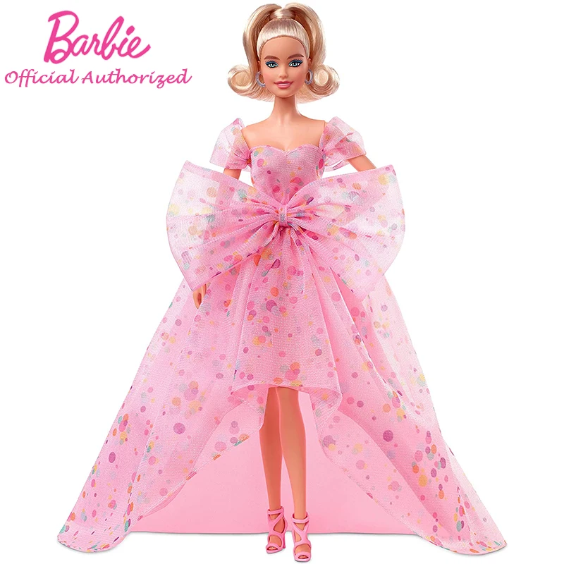 Barbie Série de Assinatura Feliz Aniversário Desejos Menina Loira Brinquedos Vestido de Tule cor-de-Rosa Sapatos de Criança da Boneca HCB89 Para Crianças, Presente de Aniversário