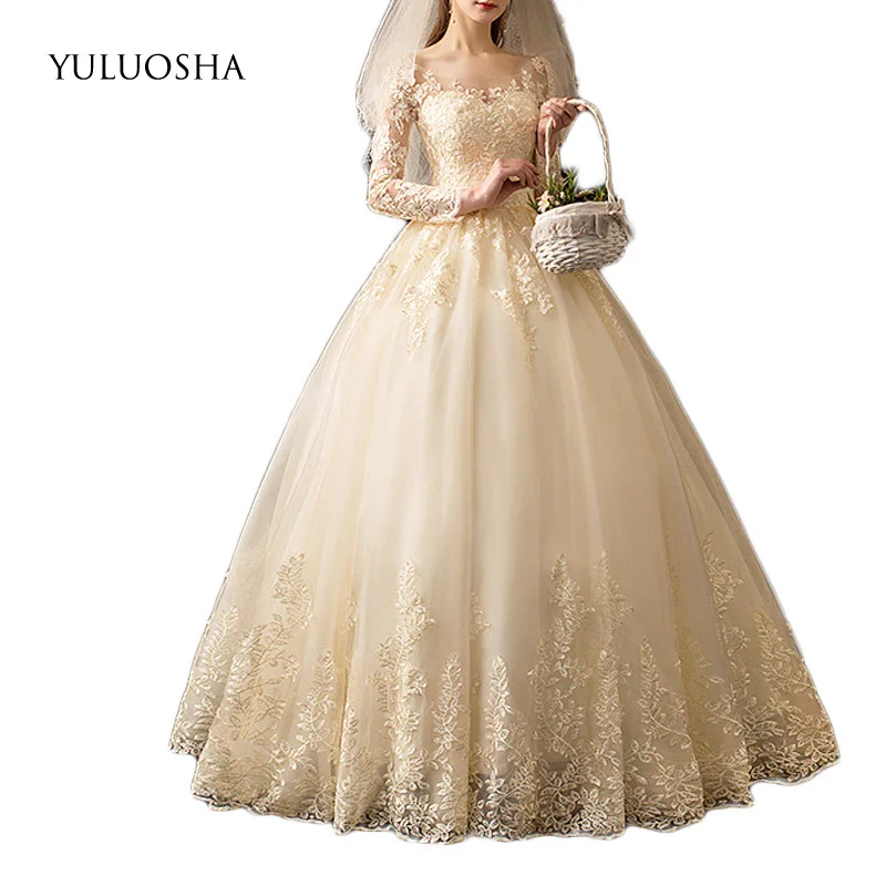 YULUOSHA Champanhe Manga Longa Vestido de Noiva Apliques de Laço de Organza Strapless do Assoalho-Comprimento Vestido de Noiva Vestido De Noiva