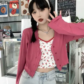 Mulheres de Manga Longa, Casacos de malha com decote em V de Verão Fina Outwear Único Breasted Camisola de Malha de Todos-atender os Estudantes Doce Rhodo coreano Ins  4