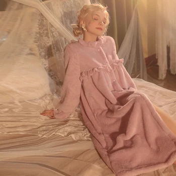 SXTHAENOO de Inverno, francês Flanela Veste roupa de dormir de Luz Roxo Quente Thickened Fora da Camisola Mulher em Casa Roupas  5