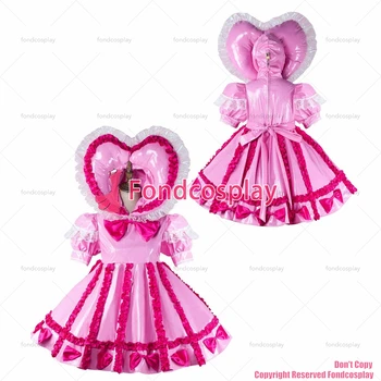 fondcosplay adulto sexy cruz de vestir sissy empregada curto rosa de bebê fino de pvc vestido com fechadura Uniforme Coração, capa de CD/TV[G2161]  2