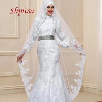Manga Longa Vestidos De Casamento Do Laço Da Sereia Muçulmano Árabe De Dubai Tule Tamanho Plus Branco Marfim Mulheres Garota Capina Noiva De Vestido De Noiva  5