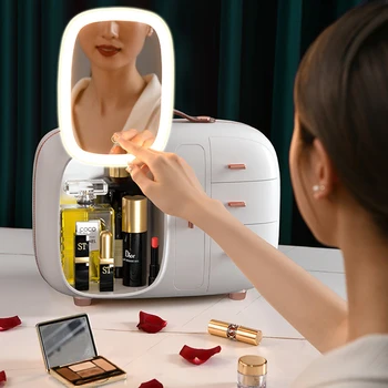 2022 Novos Cosméticos De Armazenamento De Caixa Com Espelho Diodo Emissor De Luz Do Ambiente De Trabalho A Maquiagem Jóia De Beleza Em Caso De Poeira À Prova De Gaveta Organizador De Cosméticos  5