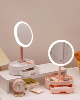 Balcão Iluminado LED Tela de Toque do Portátil, Mini Espelho de Maquilhagem Multi-função de Armazenamento de Caixa de Maquiagem Cosméticos Rack de espelho  5