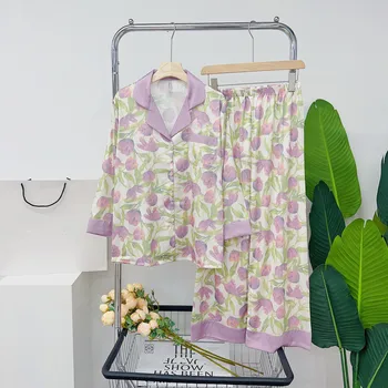 Primavera Sexy Gelo Seda Roxa Flor de Cetim estampado 2Pcs de Pijama de Verão, as Mulheres Camisa de Manga Longa e Calças de Duas peças de Roupa de Homewear  5