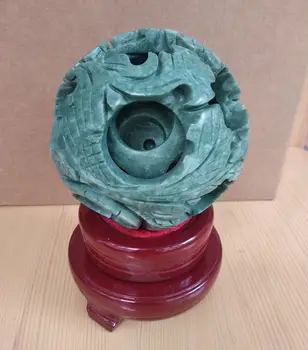 Maravilhoso 4 Camadas de Quarto mundo Feng shui Quebra-cabeça Bola de Mão do Dragão Esculpido Esfera Verde Jade Sorte Churinga Com Suporte de Madeira  0