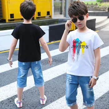 Moda Verão Roupa de Meninos Buraco Jeans, Calças de Algodão Branca/preto Tops de Manga Curta, Camisetas 2pcs Conjunto de Roupas para Crianças de 6 a 8 de 12 14Y  5