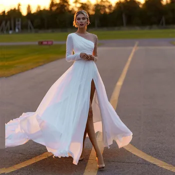 TIXLEAR Elegante Chiffon Branco de Noiva, Vestidos de Noiva 2022 Frisado Mangas compridas Jóia Pescoço Fenda Frontal de Vestidos de Noiva Para Mulheres  5