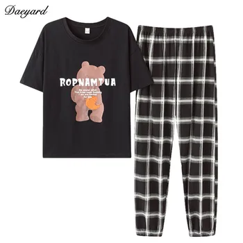 Daeyard Moda Pijama Conjunto Feminina Primavera Verão Do Algodão De Manga Curta T-Shirt E Calças De 2 Peças De Roupa De Dormir Urso Bonito Pijamas  5