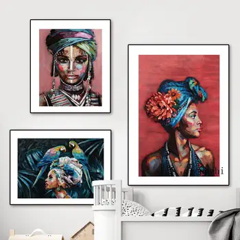 Resumo Graffiti Mulher Africana Retrato Tela De Pintura Papagaio Menina Poster Retro Nórdicos Arte De Parede Imagem De Decoração Sala De Estar  5