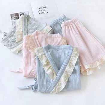 Kimono Conjuntos De Pijamas Para Mulheres 2 Peças 100% Algodão Manga Curta+Shorts De Família Casa De Verão Terno Homewear Mujer  4