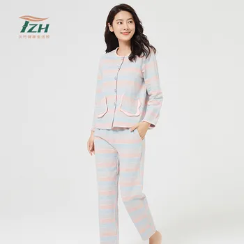 Tianzhu Marca Senhoras Terno Homewear Outono e Inverno Fibra de Bambu e Algodão Misturado Bonito Colorido Pijama Listrado  5