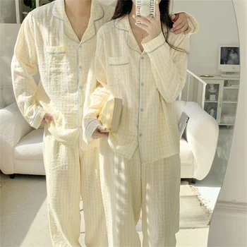 Simples Par de Pijamas de Algodão coreano Doce Solta Ins Xadrez de mangas compridas Lapela Top + Calça Loungewear 2Pcs Terno de Outono Nova D553  5