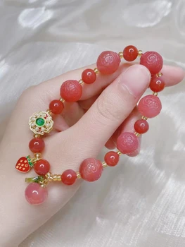 Natural de Jade Vermelho do Sul Ágata Pêssego Pulseira Ajustável Pulseira de Charme Jóias Acessórios de Moda DIY Esculpida à Mão Amuleto  5