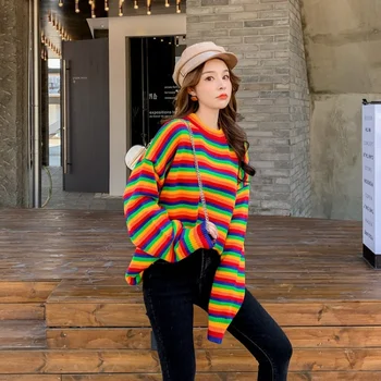 Preguiçoso vento arco-íris camisola mulheres moda solta horizontal pullover no outono e inverno, outono 2021 camisola  10